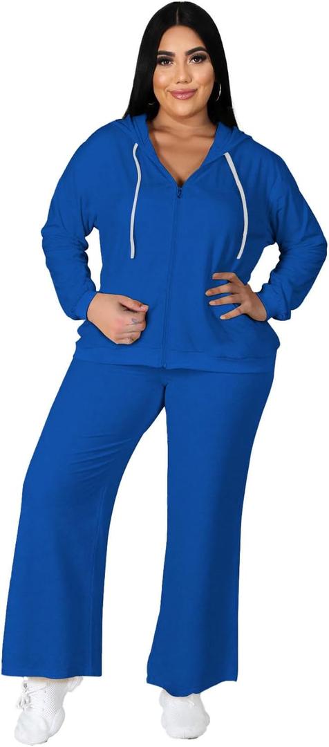 Tycorwd Women's Plus Size Two Piece Outfits Sweatsuits Sets Long Sleeve Full Zipper Hoodies Wide Leg Pants Tracksuit Sets (Blue, XXXL)