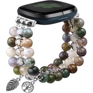 Newlibery Natural Stone Beaded Bracelet Watch Band Women for Fitbit Versa 4/Versa 3/Sense 2/Sense Bands Feminine Cute Handmade Boho Elastic Stretch Strap Replacement Agate Healing Stones Wristband