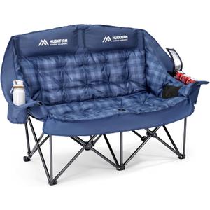 Huskfirm Padded Double Camping Chair High Back 2 Person Camping Chair Oversized Camping Loveseat Support 800LBS Heavy Duty Camping Couch with Cup Holders, Cooler, Carry Bag, Blue, 3.45 Ft ч 0.8 Ft