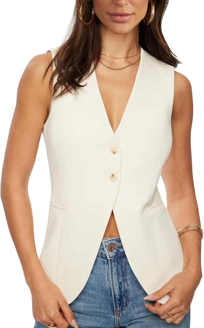 Fallorchid Womens Business Button Sleeveless V Neck Vest Fully Lined Suit Jacket Waistcoat (Small, White)