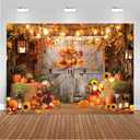Mocsicka 8x6ft Fall Backdrop for Photography Rustic Wooden Door Autumn Maple Leaves Pumpkins Background Fall Thanksgiving Day Friendsgiving Party Decorations
