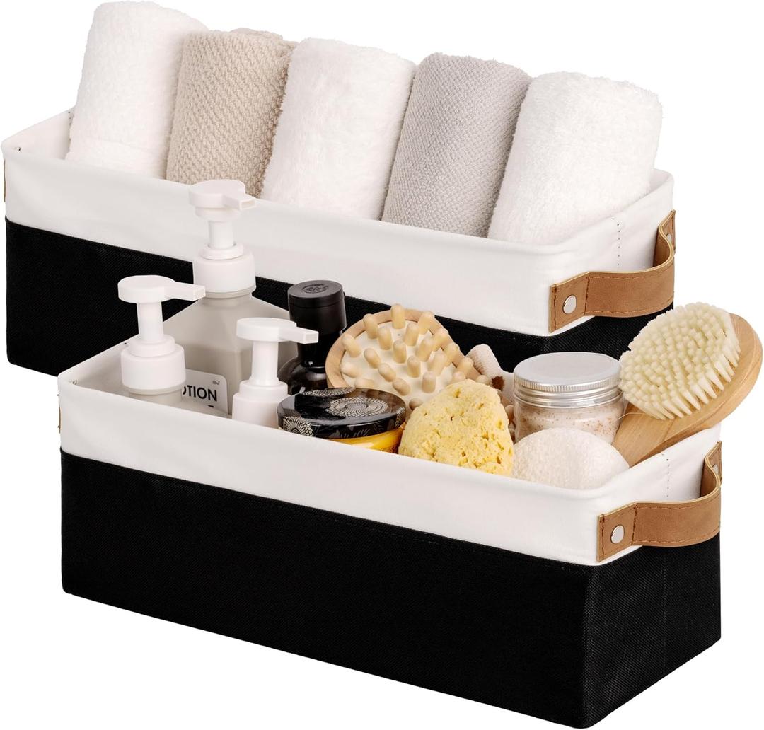 StorageWorks Narrow Storage Bins, Small Basket for Closet and Shelves, Fabric Organizer with Handles, Toilet Paper Storage, Black and White, 2-Pack (15"L x 6"W x 5"H)