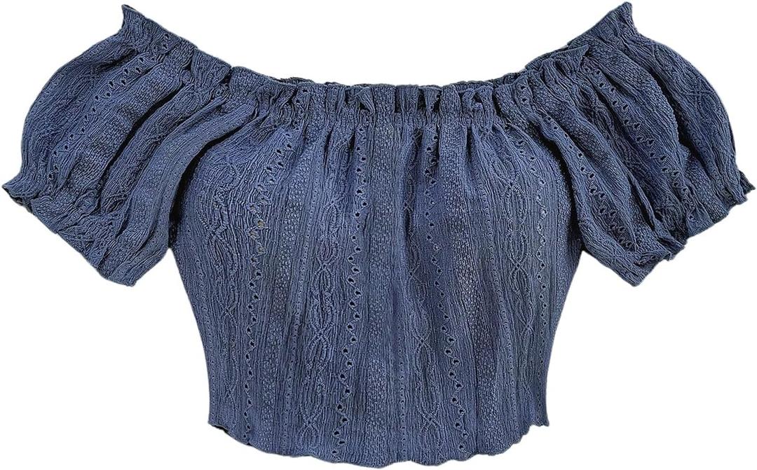 SOLY HUX Women's Off The Shoulder Short Sleeve Crop Top Summer T Shirts Beach Vacation Clothes (Blue, L)