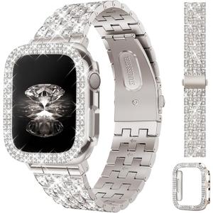 JR.DM Diamond Bands with Bling Case Women Compatible with Apple Watch 40mm 38mm 41mm 44mm 45mm 42mm 46mm 49mm Luxury Metal Bracelet Replacement Strap for iWatch Series 11/10/9/8/7/6/5/4 SE/Ultra 3/2/1