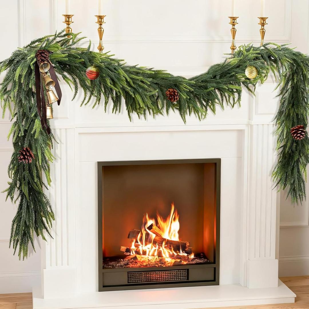 2 PCS Norfolk Pine Garland Christmas Garland, 6FT Cedar Garlands Real Touch Artificial Greenery Garlands Christmas Decorations for Mantle, Table, Wall, Indoor, Outdoor, Holiday