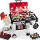 DRAMATION Kids Play Kitchen Toys, Kids BBQ Grill Playset with Smoke, Sound and Light, 2-Layer Toy Grill Cart, Outdoor Play Kitchen Toys, Toddler Cooking Set for 1-3 3-5, Gift for Boys Girls Aged 3 4 5