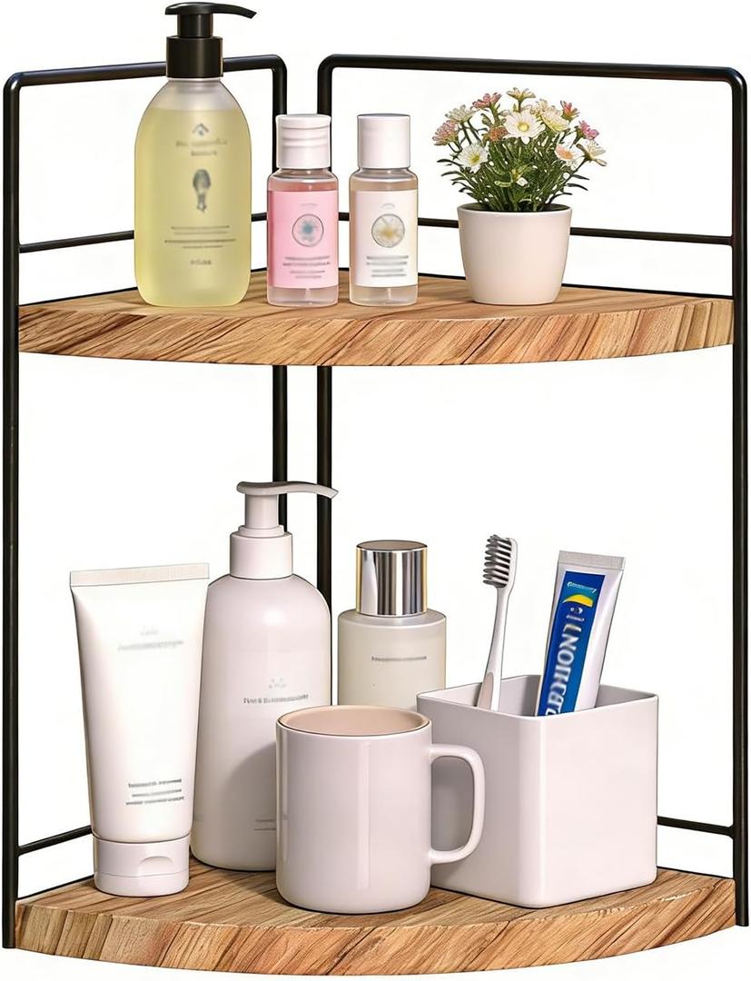2 Tier Bathroom Counter Organizer,Bathroom Countertop Organizer, Wood Vanity Organizer Corner Shelf,Makeup Tray for Perfume Skincare Bedroom Kitchen Corner (2 Tier,Yellow)