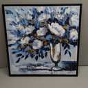 Yihui Arts Hand Painted Framed Blue Flower Canvas Wall Art with Gold Foil