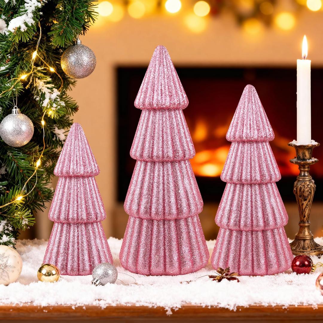 Artmag Set of 3 Christmas Tree Decorations Indoor, Glittering Modern Christmas Tree Decor Tabletop Entryway Table Mantel Centerpiece for Holiday Party (Pink)