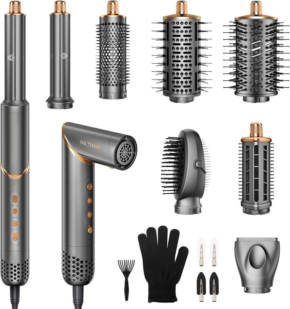 8 in 1 Hair Styler Curler & Air Dryer Brush, 110,000 RPM High-Speed Negative Ionic Foldable Hair Dryer Fast Drying, Multi Professional Hot Air Styler for Curling Volumizing Straightening Styling(Gray)