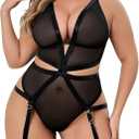 SOLY HUX Plus Size Teddy Lingerie for Women Sheer Mesh See Through Deep V Babydoll Bodysuits (Black, XXL)