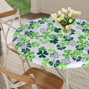 Fitable St Patrick's Day Fitted Table Cover - Waterproof Green White Shamrock Elastic Edged Tablecloth Vinyl Wipeable Table Cloth for Spring Party Dinner (Fit for 36"-44" Round Tables) (Clover)