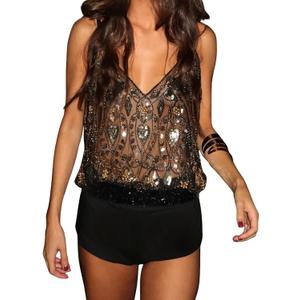 Women Sparkly Sequin Tank Top Beaded Sheer Mesh Cami V-Neck Rave Top (Medium, C1 Black Gold)