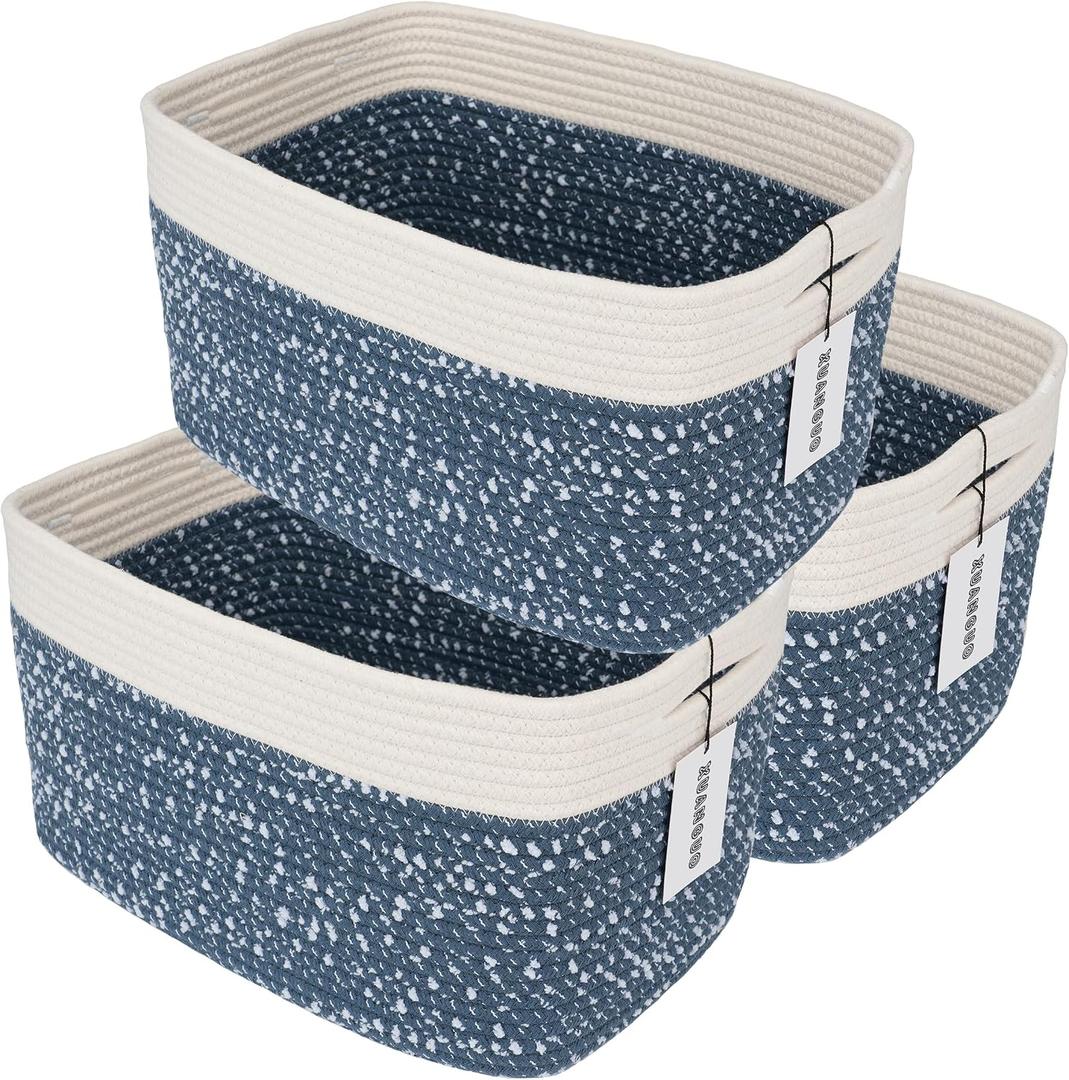 XUANGUO White and Blue Cotton Rope storage Basket Bins Woven Basket for Organizing Shelves 15X10X9.3 Rectangle Decorative Baskets For storage Books Towels Wicker Nursery basket organizer Set of 3