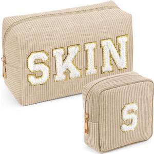 MAGEFY Makeup Bag2 Pcs Initial Cute Makeup Bag for Purse Corduroy Cosmetic Bag for Girls Women Small Travel Makeup Pouch with Zipper(Beige-SKIN+S)
