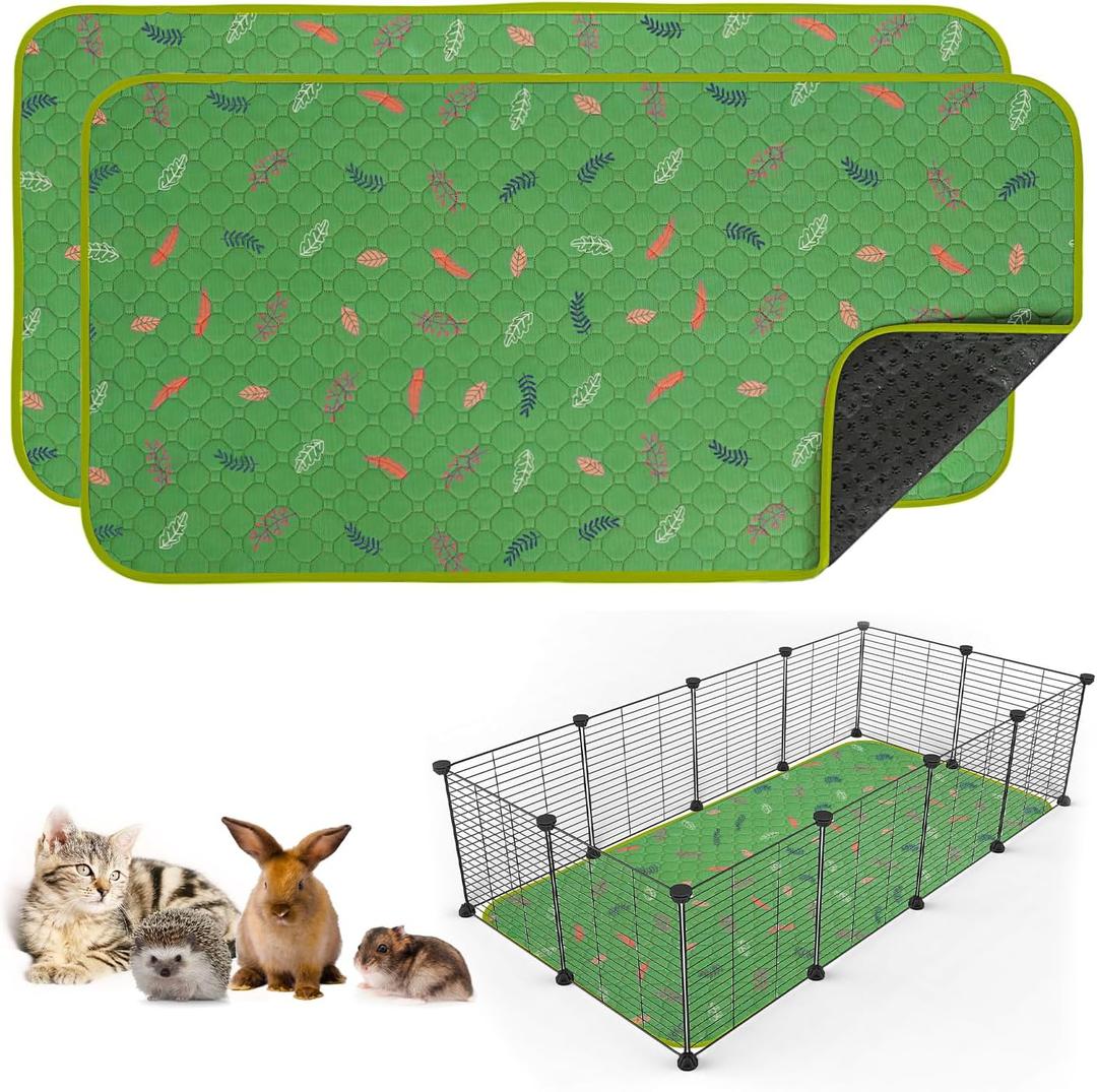 Sunheir 2 Pack Washable Guinea Pig Pee Pads, 24" x 48" Waterproof Reusable Guinea Pig Cage Liners, Absorbent Bedding Training Mat for Small Animal Guinea Pigs Rabbit Bunny Hamster Green