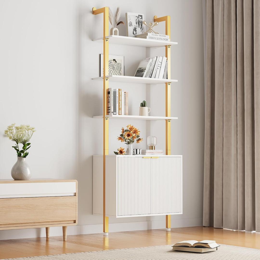 INNOD 74" Tall Bookshelf with Storage Cabinet, Modern Ladder Shelf with Wood and Metal Frame, Wall Mount Bookcase Open Display Shelf Furniture for Living Room, Bedroom, Home Office, Gold, 23.6 inches x 14 inches x 74 inches