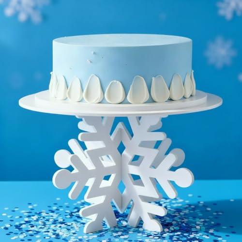 Lallisa 12" Snowflake Frozen Cake Stand White 3D Snowflake PVC Cake Decorations with Engraved Snow Themed Holder Winter Dessert Stand Centerpieces for Frozen Winter Birthday Party Supplies