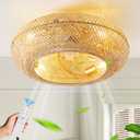 20" Boho Ceiling Fans with Lights and Remote Control,Rattan Caged Flush Mount Ceiling Fan with Light, Enclosed Timing 6 Speeds Reversible for Living Room Bedroom Dining Room