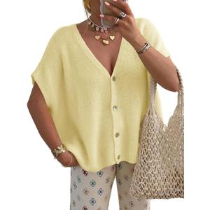 NEWHER Womens Batwing Short Sleeve Cardigans Sweaters Tops Spring Summer 2026 Oversized V Neck Button Up Knit Cardigan (Yellow, XL)