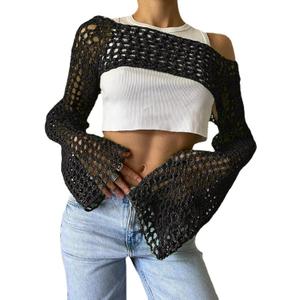 Women's Mesh Crochet Crop Tops Shrugs Sexy Y2k Hollow Out Cropped Knit Sweater See Through Bikini Cover Ups (Black)
