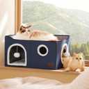 Bedsure Large Cat Beds for Indoor Cats - Extra Wide Cat Cube House for Small Pet with Fluffy Ball Hanging and Scratch Pad, Foldable Pet Cave Hideaway for Multiple Cats, 23.6x16.9x13 inches, Blue