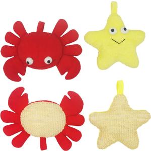 (2 Pack) Animal Body Scrubber Natural Linen Shower Ball for Toddler Kids Gentle Exfoliating Bath Sponge Loofah Pouf in Yellow Starfish Red Crab with Cute Big Eyes Design