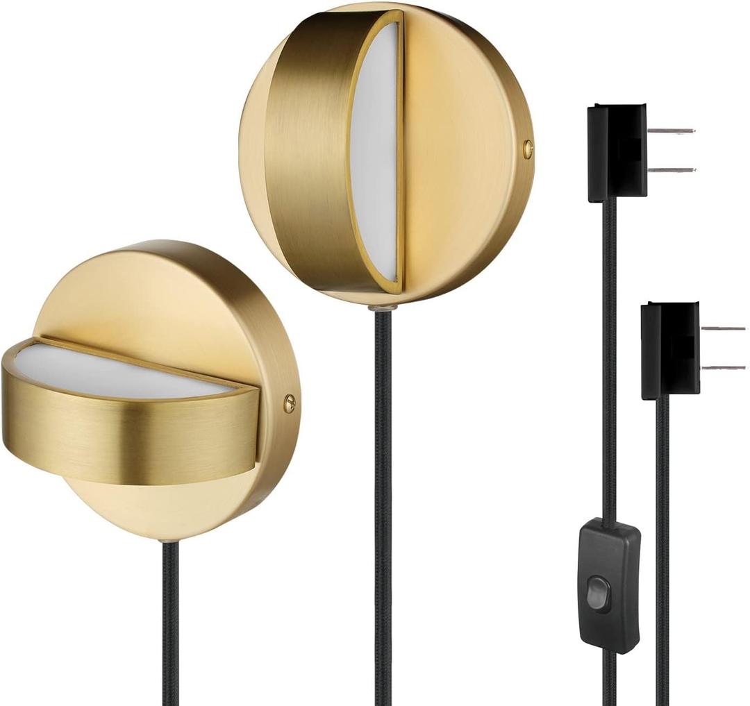 Globe Electric 51849 LED Integrated Plug-in or Hardwire Wall Sconce 2-Pack, Matte Brass, 350 Degree Rotation, 16 W, 200 Lumens, 3000 Kelvin, Lights for Bedroom Plug in