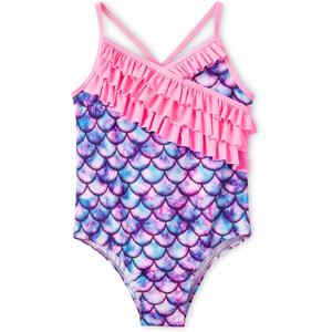 Dvenki Girls One Piece Swimsuit - Adjustable Strap, Checked Face & Mermaid Print Toddler Ruffle Bathing Suit Size 2T-10