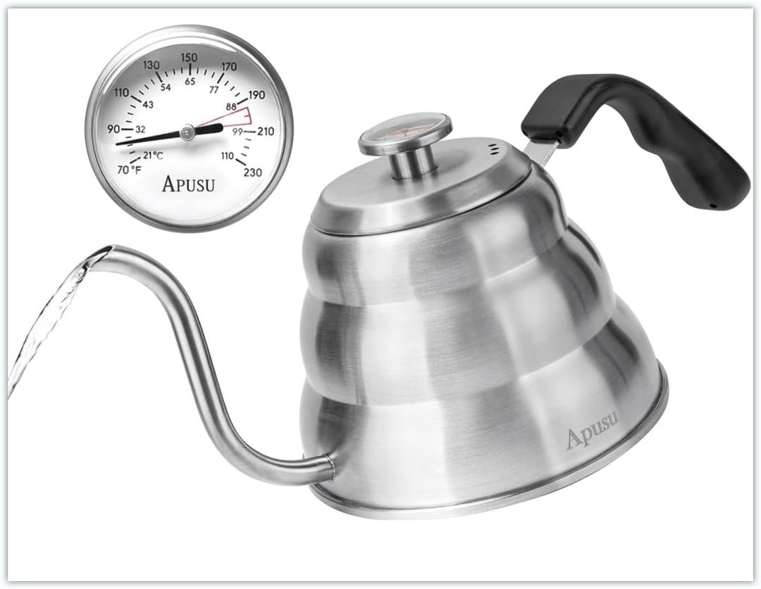 Pour Over Kettle for Manual Drip Coffee and Tea with Thermometer 28oz Gooseneck Kettle with Flow Control Stainless Steel Water Kettle for Stovetop,800ml,4 Cup,Silver,1Pack (0.9 Quarts)
