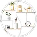 Round Wall Shelf,24 inch Metal Circle Wood Floating Shelves,Rustic White Wall Mounted Display Organizer Shelf for Fireplace,Living Room,Bathroom