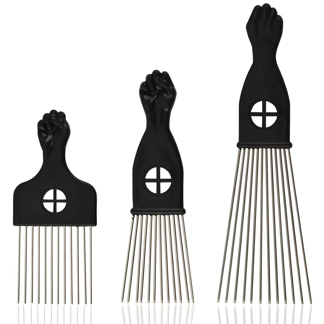 3-Piece Stainless Steel Afro Hair Pick Set, Fist Design for Men & Women, Perfect for Natural Curly Afro Hair, Essential Hairdressing Styling Tool