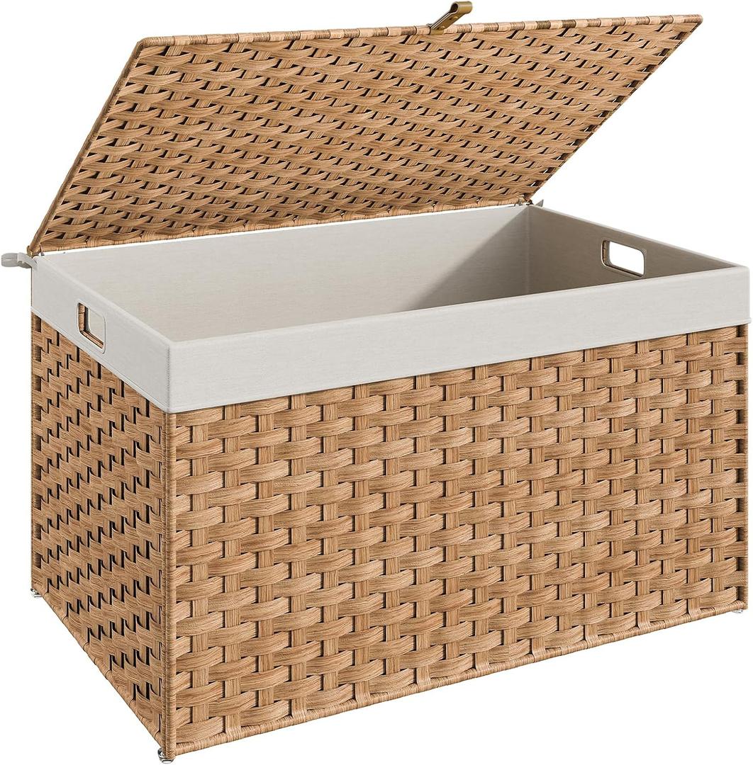 HOOBRO Storage Basket with Lid, 42.3 Gallon (160L) Wicker Basket, Handwoven Blanket Storage Basket with Handles, Metal Frame and Soft Lining, Foldable for Bedroom, Laundry Room, Natural NL216CW01