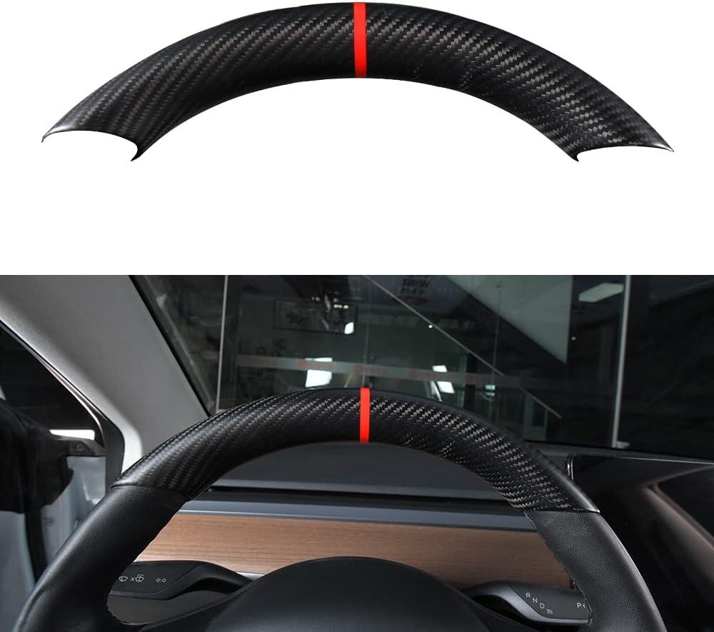 for JSWAN Carbon Fiber Steering Wheel Embedded Cover for Tesla Model 3 (2017 to 2023) Model Y (2019 to 2024) Interior Modification Steering Cover (Matte Black Upper Part)