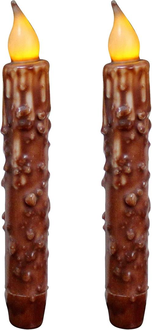 CVHOMEDECO. Real Wax Hand Dipped Battery Operated LED Timer Taper Candles Country Primitive Flameless Lights Dcor, 6-3/4 Inch, Coffee, 2 PCS in a Package