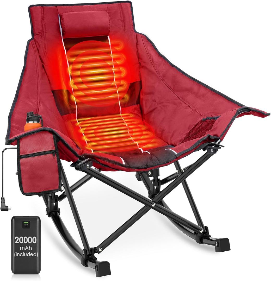 Suteck Heated Rocking Camping Chair - Oversized Heated Camping Chair W/20000mAh Power Bank & Carry Bag, Fully Padded Heated Chairs for Outdoor Sports W/3 Heat Levels for Back & Seat, Lawn Picnic Patio