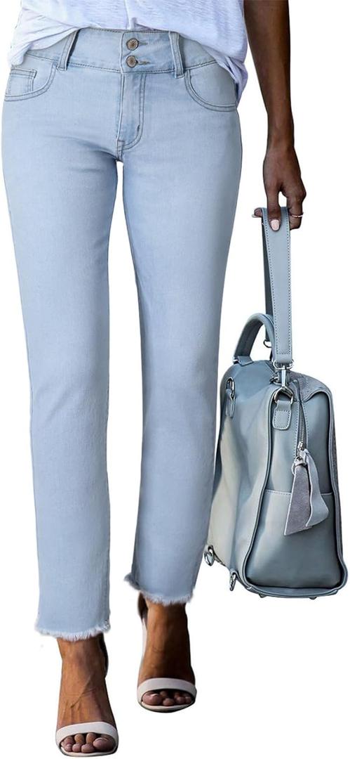 Sidefeel Women's Jeans High Waisted Strechy Straight Legs Boyfriend Denim Pants with Pockets L Light Blue Size 6 Short (Blue)