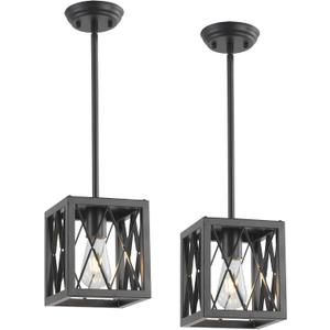 KEESFU Farmhouse Pendant Light with Metal Cage,1 Light Black Pendant Lighting for Kitchen Island,39 Inch Adjustable Rods for Flat and Slop Ceiling,Kitchen Island Hallway Foyer.2 Pack.