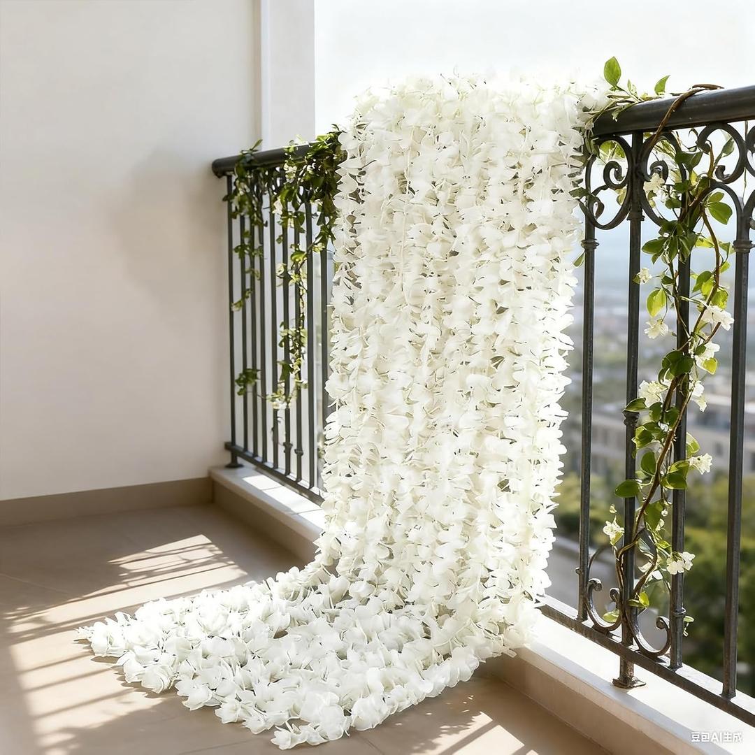50 Pcs 6.56 Ft Artificial Wisteria Vine Garland White Fake Vine Plants Hanging Flowers Outdoor Greenery Wall Decoration for Wedding Garden Arch Wall Backdrop Decor