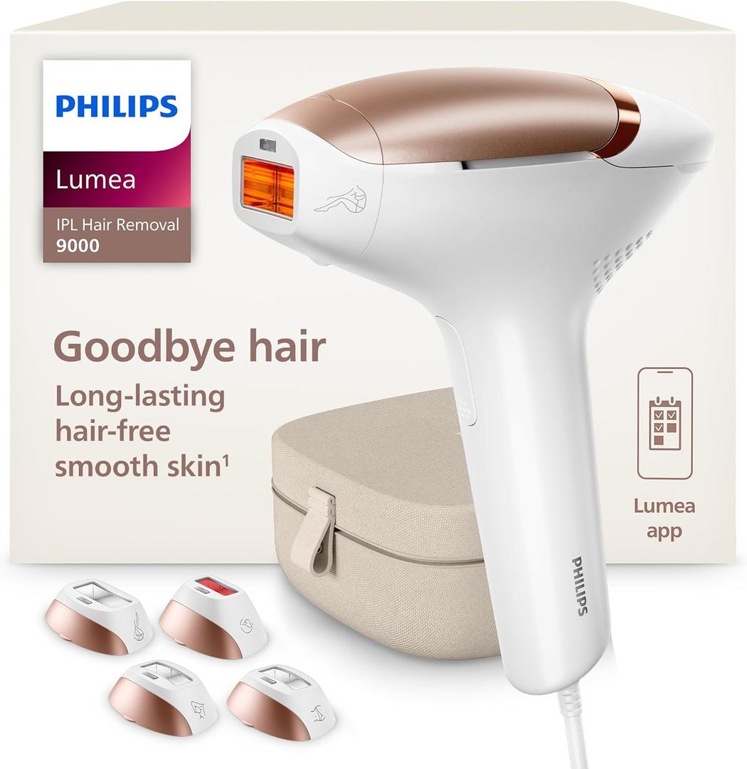 Philips Lumea 9000 Series IPL Hair Removal Device, Visible Permanent Laser Hair Reduction Done at Home, for Women & Men, SenseIQ Technology, 4 Attachments for Body, Face, Bikini & Underarms, BRI984/03 (White)