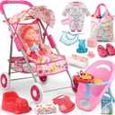 Baby Doll Stroller Set Toys for Girls Toddlers 3-5 4-6 Gifts,Baby Doll Set with 12.5 inch Doll,1 Baby Dining Chair,20 PCS Baby Doll Accessories and 2 Sets Doll Clothes for Realistic Pretend Play