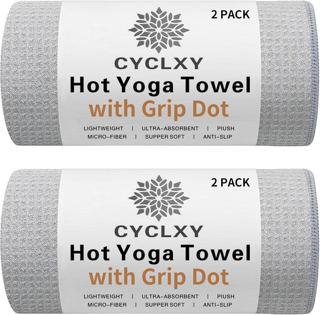 CYCLXY 2 Pack Hot Yoga Towel with Grip DotStickyfiber Yoga Mat Towels Non Slip for Hot Yoga,Absorbent Microfiber Sweat Anti-Slip Cover,Bikram,Pilates,Exercise,Fitness (Gray)