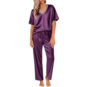 Ekouaer Satin Pajama Set for Women Short Sleeve Silky Pjs 2 Piece Lounge Sets Soft Comfy Sleepwear Loungewear S-XXL (Purple)