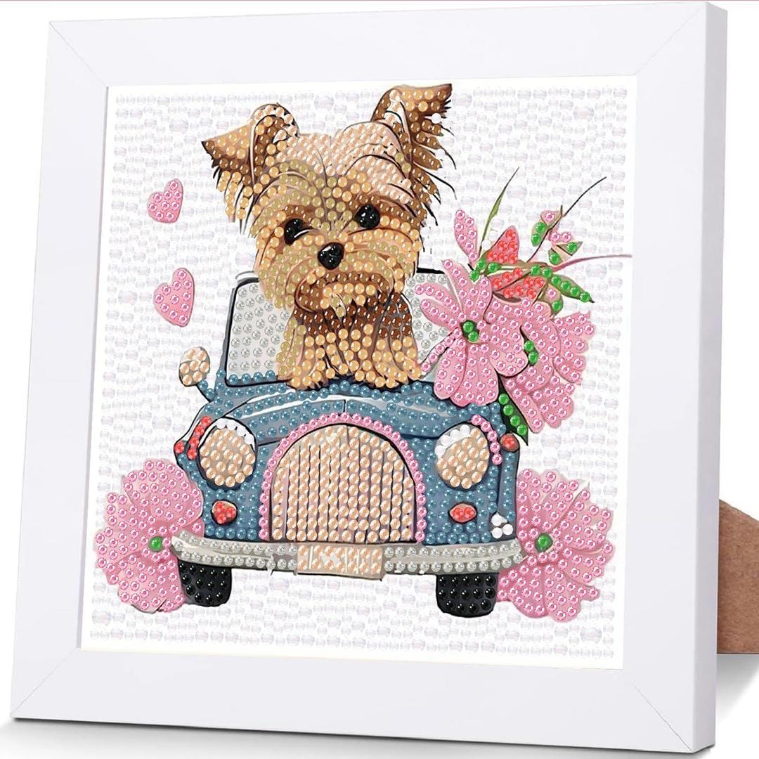 ajepon Dog Diamond Art Kits for Kids with Frame, Animal Diamond Art for Kids Ages 8-12, Dog Diamond Painting Kits for Kid with Beautiful Package for Gift Home Wall Decor (7x7inch) (CC119)