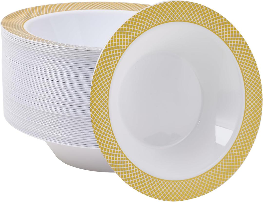 JOLLY CHEF 50 Disposable Plastic Bowls 12oz Premium Heavy Duty Disposable Dinner Bowls Reusable and Great for Weddings, Parties, Dinners, Catering, Thanksgiving and Everyday Use (Gold)