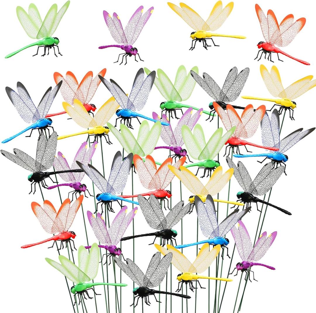 30 Pieces 3D Dragonfly Garden Decor Large Dragon Fly Garden Stakes Dragonflies Garden Ornaments Decorative Dragonflies Patio Decoration Dragonfly Stakes with Sticks 6 Colors