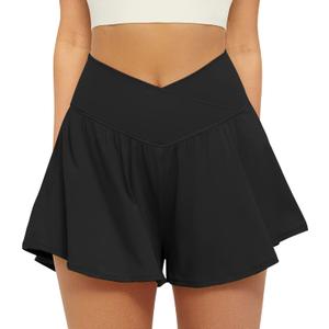 FireSwan Crossover Athletic Shorts for Women 2 in 1 Flowy Running Shorts with Pockets Spandex Butterfly Workout Tennis Skorts (Medium, Black)