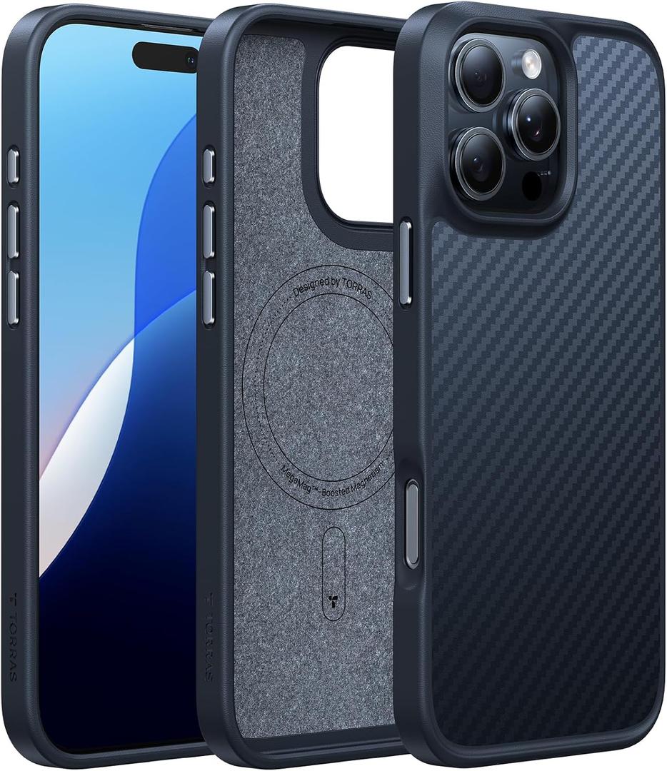 TORRAS Upgraded for iPhone 16 Pro Case Aramid Fiber Back/Black Edge | Compatible with MagSafe, Military Grade Drop Protection, Stronger Magnetic, Shockproof Airbag, Color Button, Slim Anti-Scratch | Upgraded, Stronger Magnetic, Shockproof, Slim