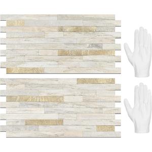 STICKGOO 20 Sheets Peel and Stick Backsplash Tile, Stick on Backsplash for Kitchen and Bathroom, Sunny Beige Look PVC Mixed Metal Gold Self Adhesive Wall Tiles