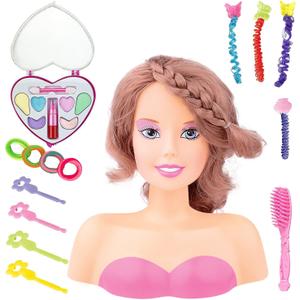 Makeup and Hair Styling Doll Head Toy Kit - Kids Pretend Play Set with Real Washable Cosmetics and Style Accessories for Little Girls